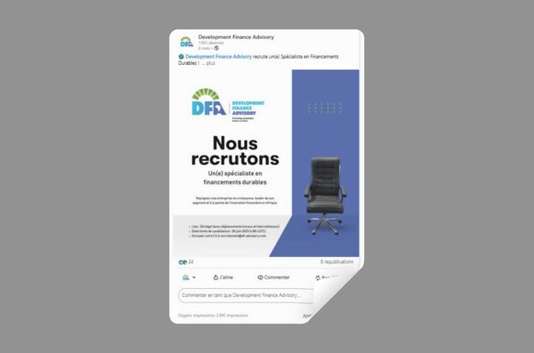 Publication de recrutement d’un spécialiste en financements durables.